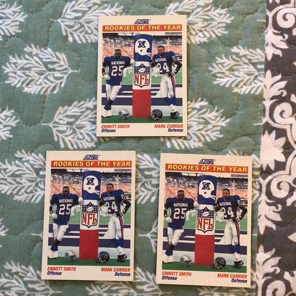 EMMITT SMITH AND MARK CARRIER ROOKIES OF THE YEAR CARDS, SCORE, 1991, 3 cards